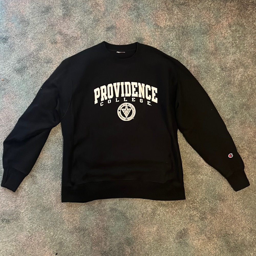 PROVIDENCE COLLEGE CREWNECK champion brand, solid black with white logo. Unisex